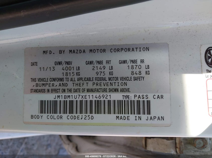 2014 Mazda 3 VIN JM1BM1U7XE1146921 IAAI salvage auction — NORMAL WEAR, Clear (Florida), sold $125 on 2026-07-29 (photo 9)