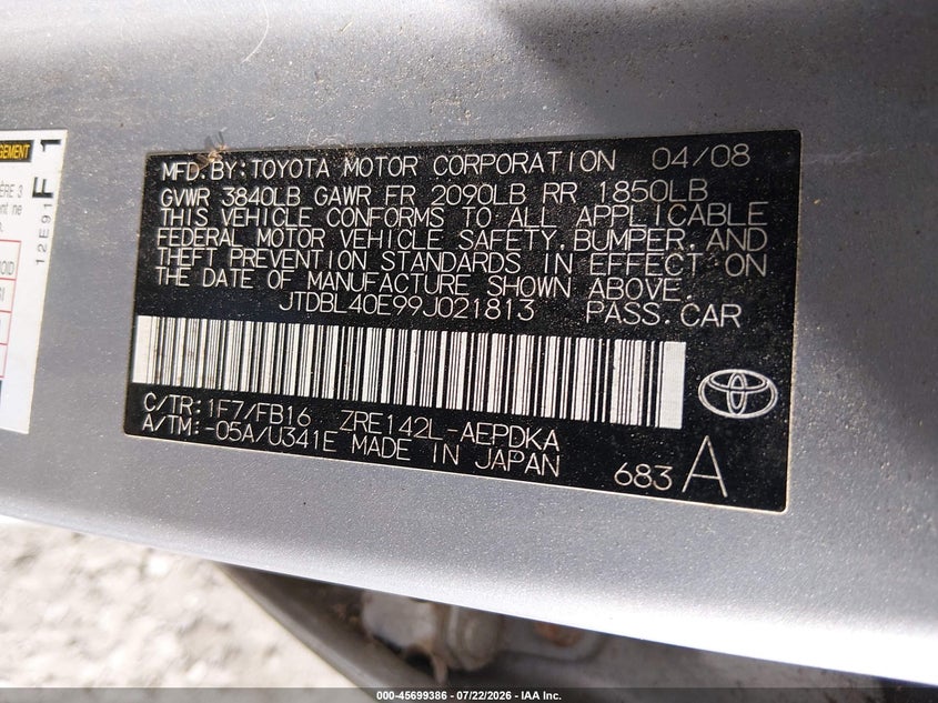 2009 Toyota Corolla VIN JTDBL40E99J021813 IAAI salvage auction — RIGHT SIDE, Clear (South Carolina), sold $1,000 on 2026-07-24 (photo 9)