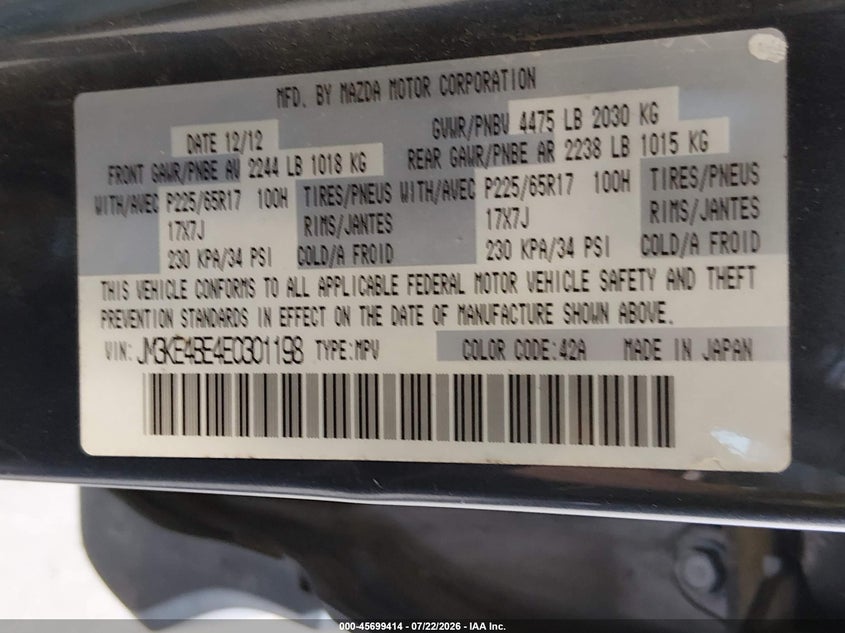 2014 Mazda Cx-5 VIN JM3KE4BE4E0301198 IAAI salvage auction — FRONT END, Bill Of Sale (Washington), sold $1,875 on 2026-08-27 (photo 9)