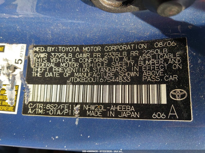2006 Toyota Prius VIN JTDKB20U167544833 IAAI salvage auction — NORMAL WEAR, Clear (Maryland), sold $25 on 2026-07-29 (photo 9)