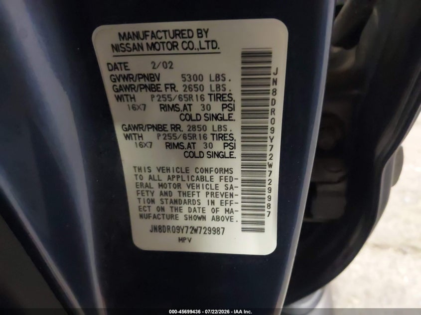 2002 Nissan Pathfinder VIN JN8DR09Y72W729987 IAAI salvage auction — NORMAL WEAR, Clear-Dealer Only (Washington), sold $225 on 2026-07-30 (photo 9)