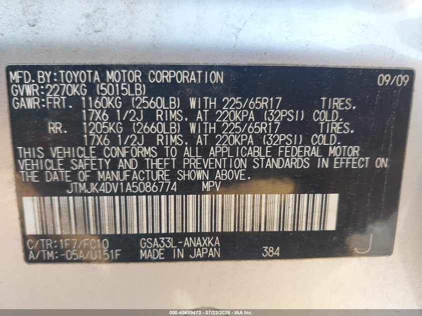 2010 Toyota Rav4 VIN JTMJK4DV1A5086774 IAAI salvage auction — RIGHT SIDE, Clear (Massachusetts), sold $900 on 2026-07-31 (photo 9)
