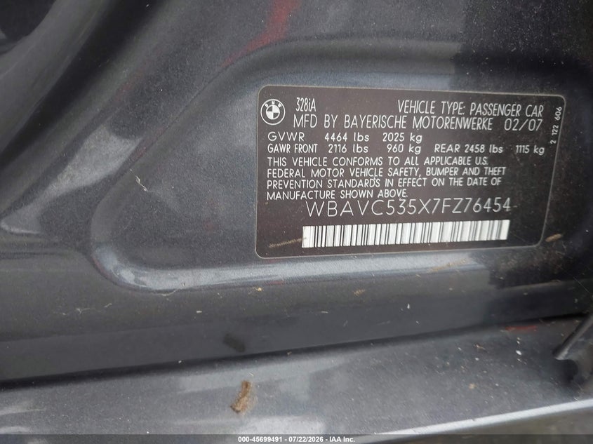 2007 BMW 3 series VIN WBAVC535X7FZ76454 IAAI salvage auction — FRONT END, Salvage (California), sold $525 on 2026-08-03 (photo 9)