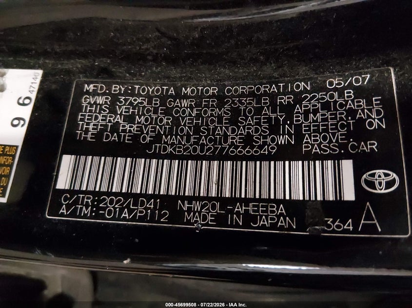 2007 Toyota Prius VIN JTDKB20U277666649 IAAI salvage auction — NORMAL WEAR, Clear-Dealer Only (Oregon), sold $25 on 2026-07-24 (photo 9)
