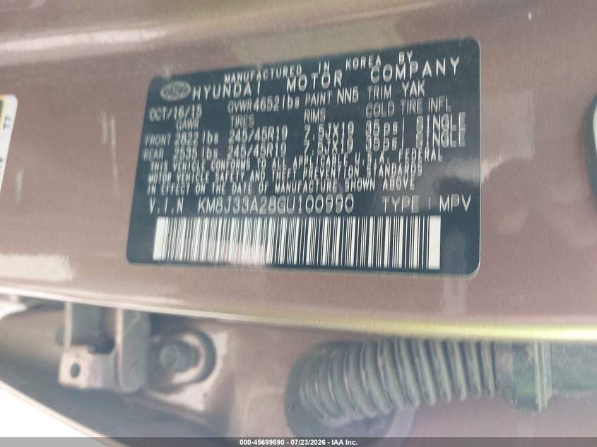 2016 Hyundai Tucson VIN KM8J33A28GU100990 IAAI salvage auction — FRONT END, Wait Title, sold $3,100 on 2026-09-05 (photo 9)