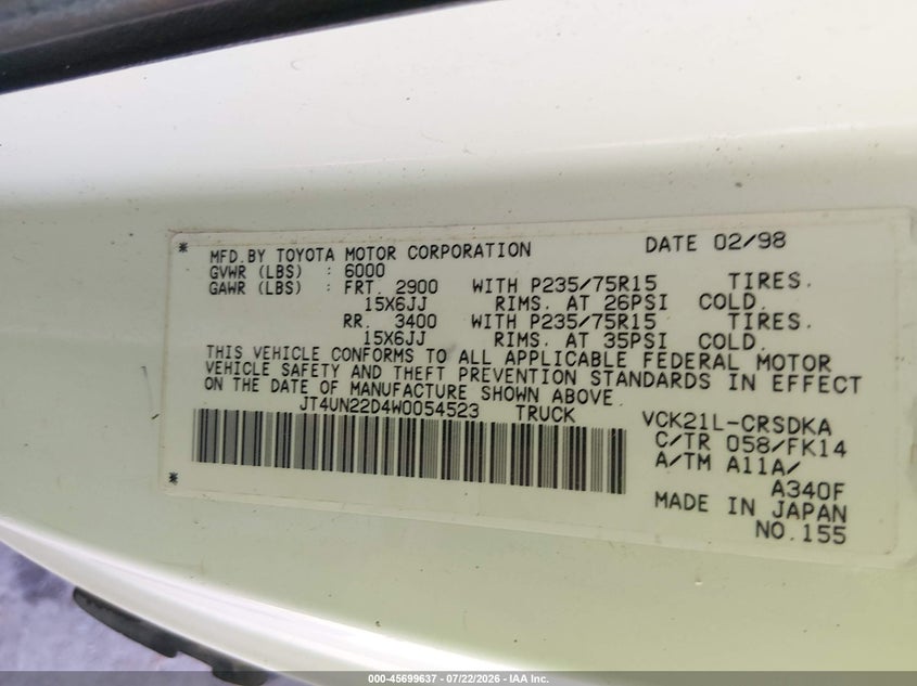 1998 Toyota T100 VIN JT4UN22D4W0054523 IAAI salvage auction — NORMAL WEAR, Clear (New Mexico), sold $675 on 2026-07-29 (photo 9)