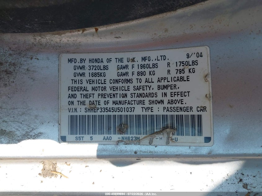 2005 Honda Civic VIN SHHEP33545U501037 IAAI salvage auction — NORMAL WEAR, Clear (Minnesota), sold $225 on 2026-07-29 (photo 9)