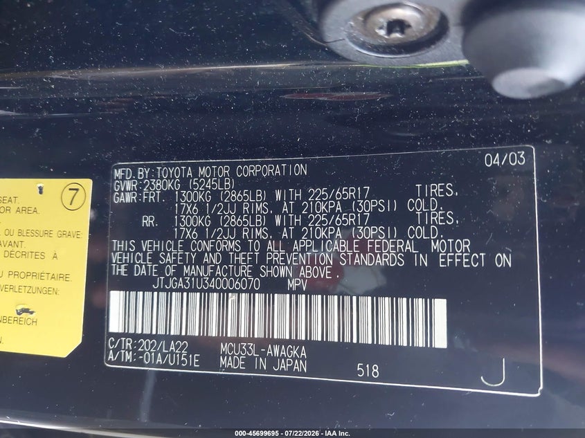 2004 Lexus Rx 330 VIN JTJGA31U340006070 IAAI salvage auction — NORMAL WEAR, Clear (New Jersey), sold $625 on 2026-07-29 (photo 9)