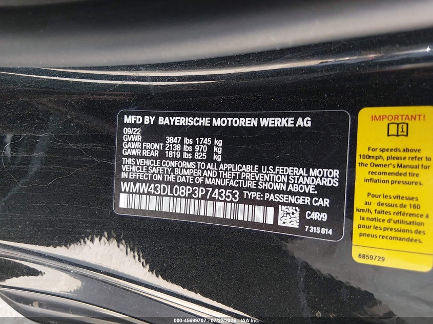 2023 Mini Convertible VIN WMW43DL08P3P74353 IAAI salvage auction — FRONT END, Salvage Title, sold $3,700 on 2026-08-19 (photo 9)