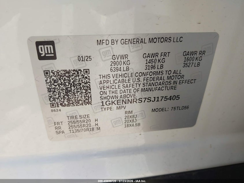 2025 Gmc Acadia VIN 1GKENNRS7SJ175405 IAAI salvage auction — REAR END, Wait Title, sold $18,700 on 2026-08-20 (photo 9)