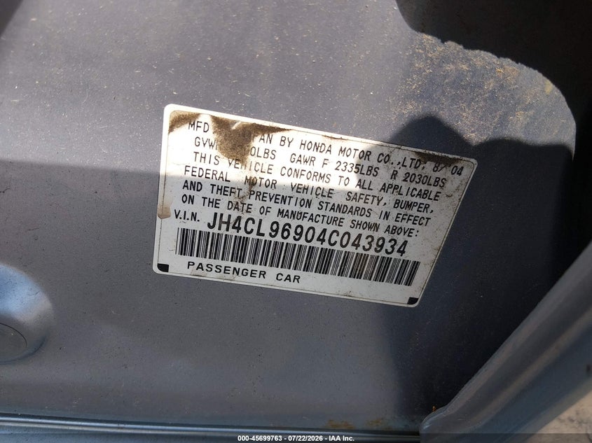 2004 Acura Tsx VIN JH4CL96904C043934 IAAI salvage auction — NORMAL WEAR, Clear (Massachusetts), sold $25 on 2026-07-29 (photo 9)
