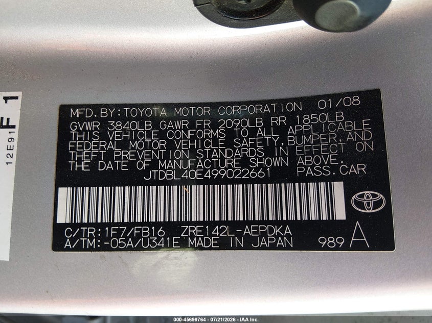 2009 Toyota Corolla VIN JTDBL40E499022661 IAAI salvage auction — NORMAL WEAR, Clear (Nevada), sold $775 on 2026-07-31 (photo 9)