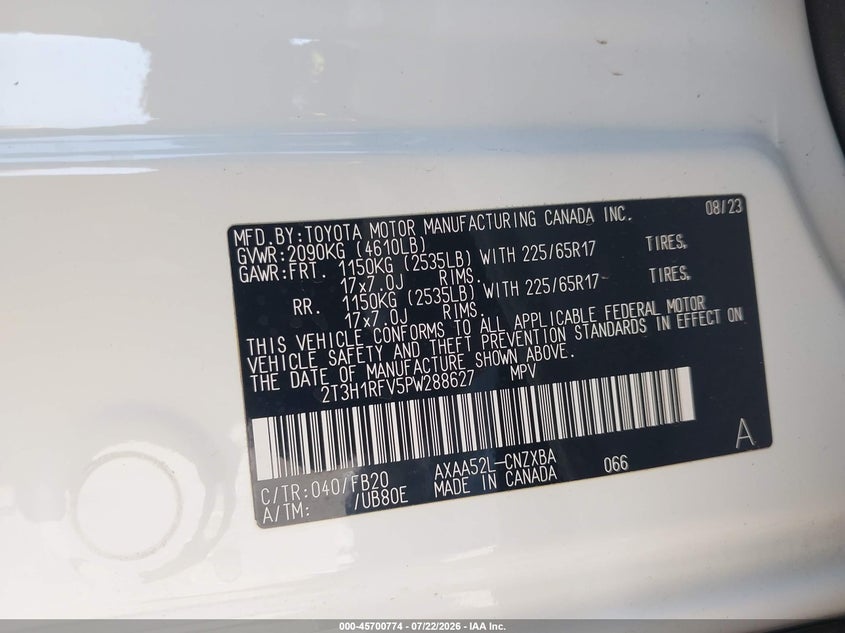 2023 Toyota Rav 4 VIN 2T3H1RFV5PW288627 IAAI salvage auction — REAR END, Wait Title, sold $14,825 on 2026-09-01 (photo 9)