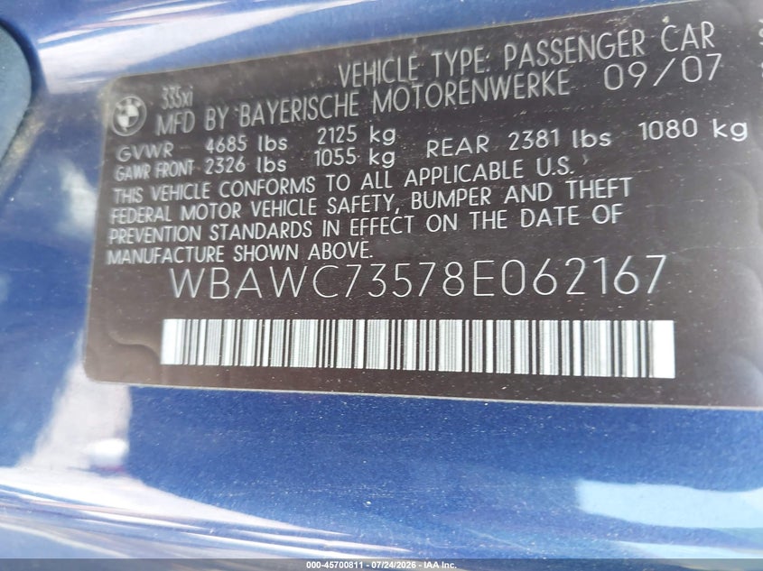 2008 BMW 3 series VIN WBAWC73578E062167 IAAI salvage auction — NORMAL WEAR, Clear (New York), sold $1,350 on 2026-08-04 (photo 9)