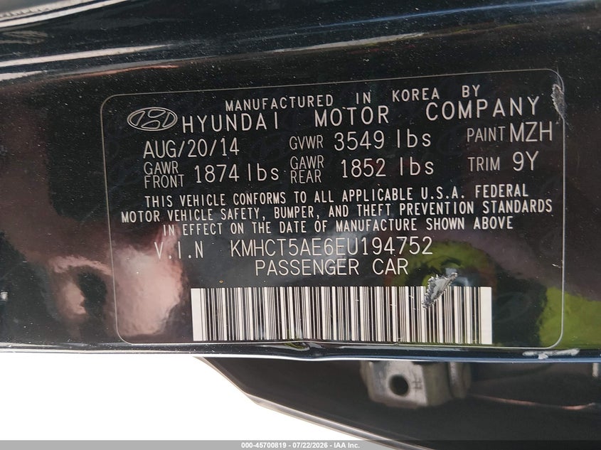 2014 Hyundai Accent VIN KMHCT5AE6EU194752 IAAI salvage auction — NORMAL WEAR, Original (Texas), sold $275 on 2026-07-28 (photo 9)