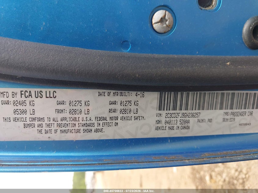 2016 Dodge Challenger VIN 2C3CDZFJ9GH236257 IAAI salvage auction — ROOF, Salvage Title, sold $3,300 on 2026-09-10 (photo 9)