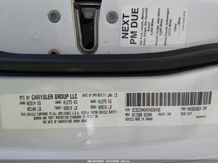 2013 Chrysler 300 VIN 2C3CCAAG4DH626436 IAAI salvage auction — FRONT END, Salvage (Kansas), sold $1,950 on 2026-09-04 (photo 9)