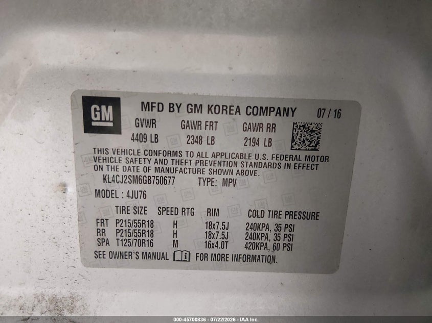 2016 Buick Encore VIN KL4CJ2SM6GB750677 IAAI salvage auction — NORMAL WEAR, Clear (Virginia), sold $375 on 2026-07-28 (photo 9)