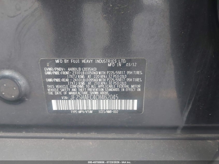 2012 Subaru Forester VIN JF2SHAEC4CH462045 IAAI salvage auction — REAR END, Salvage (California), sold $1,450 on 2026-08-03 (photo 9)