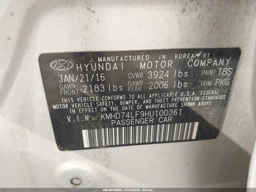 2017 Hyundai Elantra VIN KMHD74LF9HU100361 IAAI salvage auction — NORMAL WEAR, Clear (Alabama), sold $400 on 2026-07-29 (photo 9)