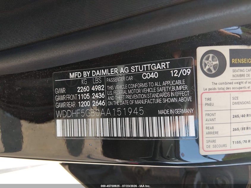 2010 Mercedes-benz E-class VIN WDDHF5GB0AA151945 IAAI salvage auction — FRONT END, Clear (Tennessee), sold $750 on 2026-08-19 (photo 9)