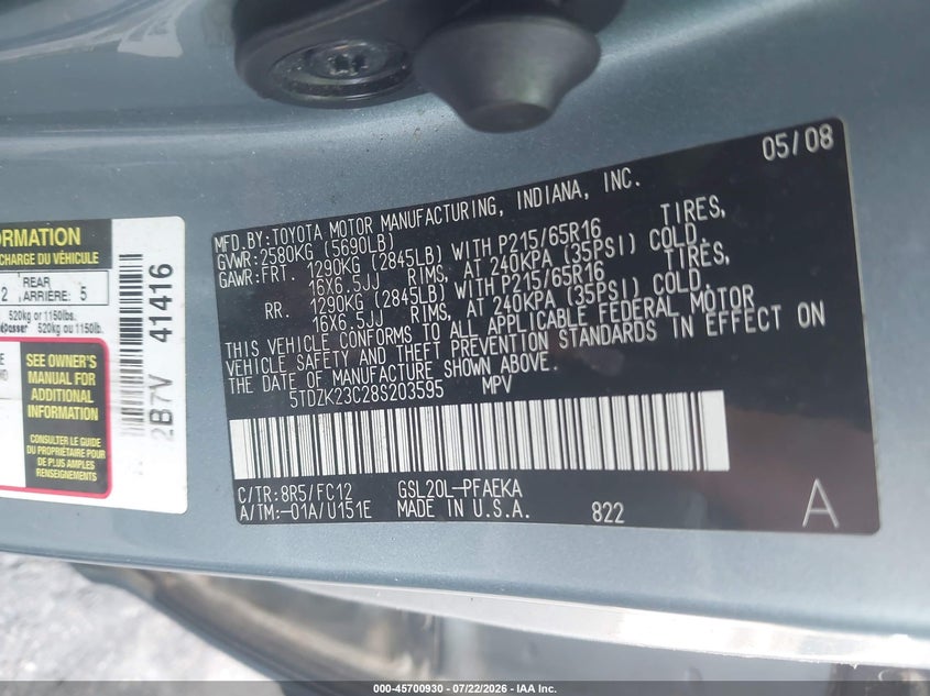2008 Toyota Sienna VIN 5TDZK23C28S203595 IAAI salvage auction — NORMAL WEAR, Clear (Florida), sold $350 on 2026-07-28 (photo 9)