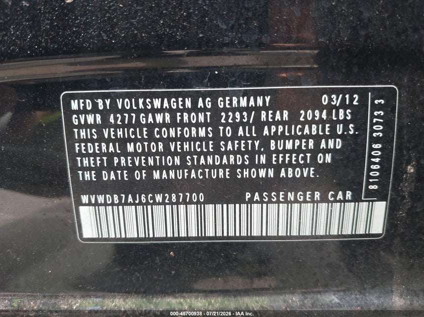 2012 Volkswagen Golf VIN WVWDB7AJ6CW287700 IAAI salvage auction — NORMAL WEAR, Clear (Hawaii), sold $25 on 2026-07-28 (photo 9)