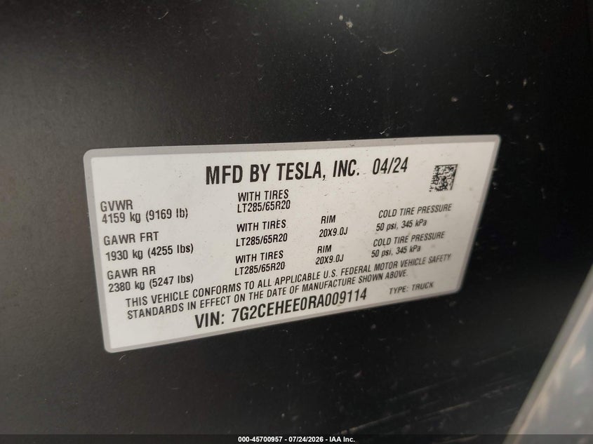 2024 Tesla Cybertruck VIN 7G2CEHEE0RA009114 IAAI salvage auction — FRONT END, Salvage (California), sold $24,100 on 2026-08-18 (photo 9)