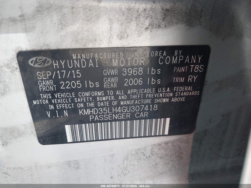 2016 Hyundai Elantra VIN KMHD35LH4GU307418 IAAI salvage auction — NORMAL WEAR, Clear (Illinois), sold $25 on 2026-07-29 (photo 9)