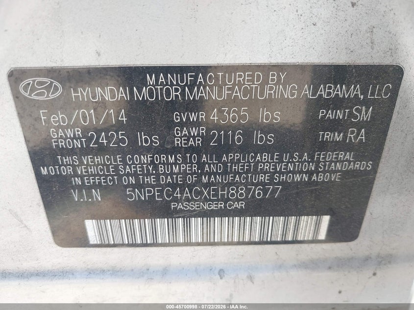 2014 Hyundai Sonata VIN 5NPEC4ACXEH887677 IAAI salvage auction — NORMAL WEAR, Clear - Dealer Only (California), sold $125 on 2026-07-28 (photo 9)