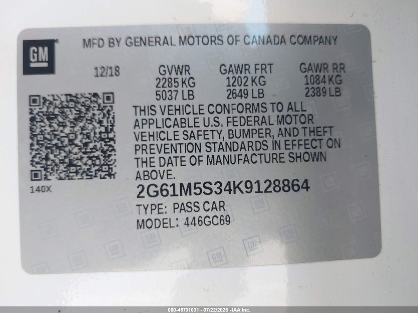 2019 Cadillac Xts VIN 2G61M5S34K9128864 IAAI salvage auction — REAR END, Salvage Title, sold $7,750 on 2026-08-18 (photo 9)
