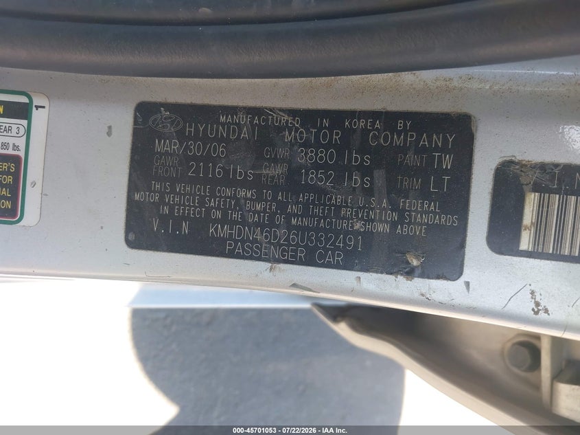2006 Hyundai Elantra VIN KMHDN46D26U332491 IAAI salvage auction — NORMAL WEAR, Clear - Dealer Only (California), sold $325 on 2026-07-28 (photo 9)