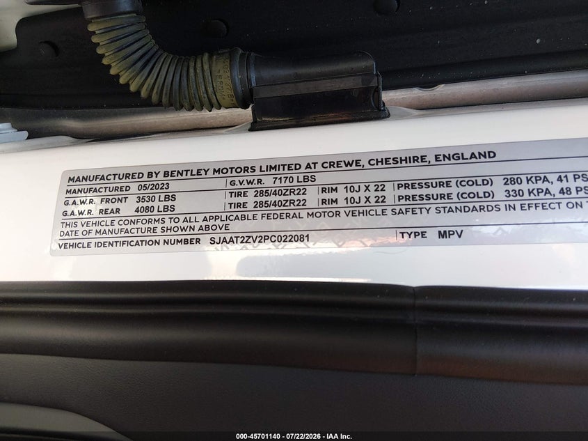 2023 Bentley Bentayga VIN SJAAT2ZV2PC022081 IAAI salvage auction — FRONT END, Wait Title, sold $69,000 on 2026-09-02 (photo 9)