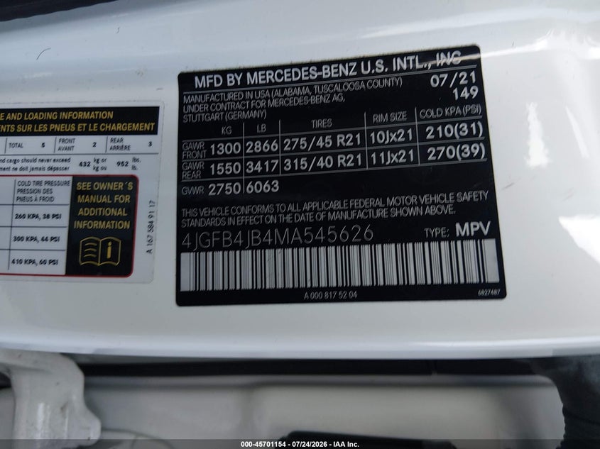 2021 Mercedes-benz Gle VIN 4JGFB4JB4MA545626 IAAI salvage auction — RIGHT SIDE, Wait Title, sold $17,300 on 2026-08-27 (photo 9)