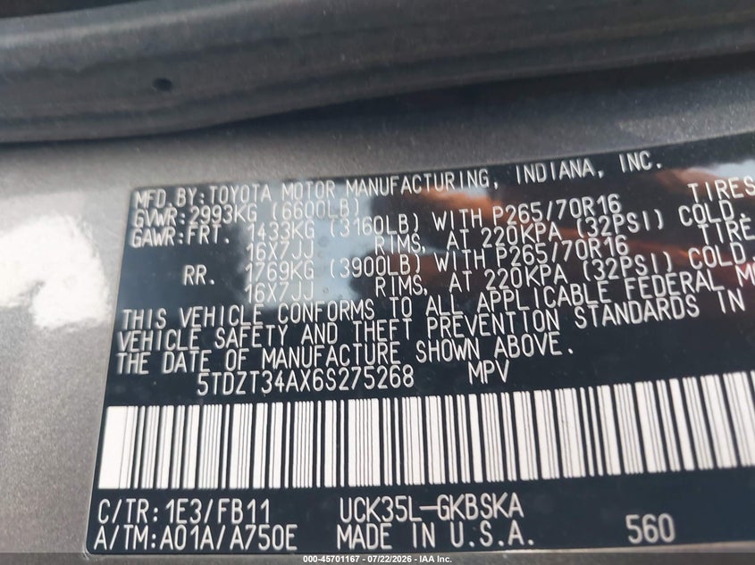 2006 Toyota Sequoia VIN 5TDZT34AX6S275268 IAAI salvage auction — NORMAL WEAR, Clear - Dealer Only (California), sold $25 on 2026-07-30 (photo 9)