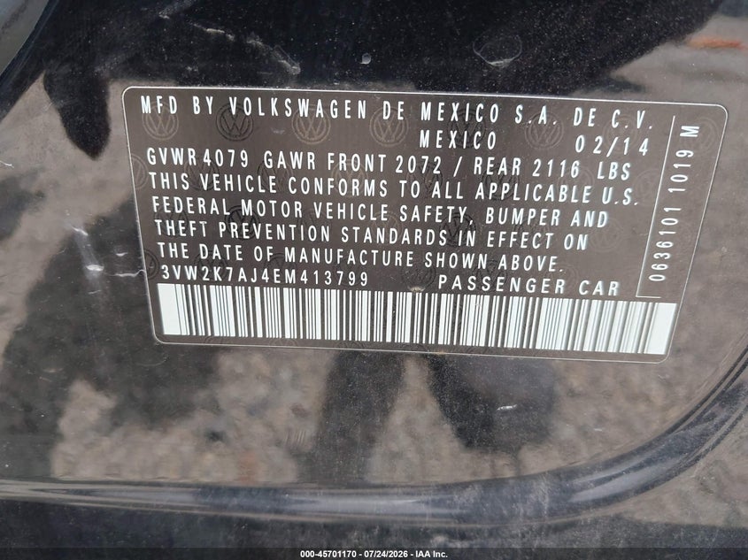 2014 Volkswagen Jetta VIN 3VW2K7AJ4EM413799 IAAI salvage auction — NORMAL WEAR, Original (Ohio), sold $225 on 2026-08-10 (photo 9)