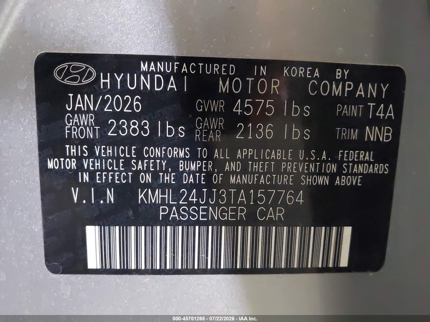 2026 Hyundai Sonata VIN KMHL24JJ3TA157764 IAAI salvage auction — FRONT END, Enterprise Vehicles Clear Only (Oregon), sold $12,100 on 2026-07-29 (photo 9)