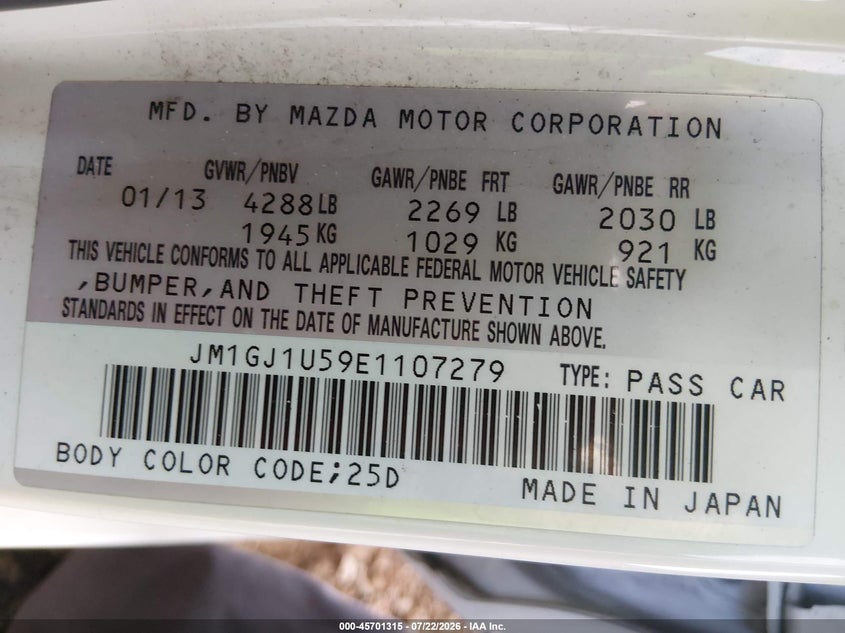2014 Mazda 6 VIN JM1GJ1U59E1107279 IAAI salvage auction — NORMAL WEAR, Clear-Dealer Only (Arizona), sold $875 on 2026-07-28 (photo 9)