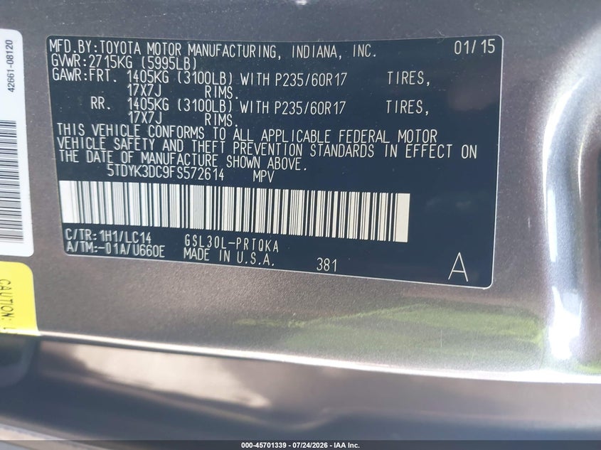 2015 Toyota Sienna VIN 5TDYK3DC9FS572614 IAAI salvage auction — RIGHT SIDE, Salvage Certificate (California), sold $3,775 on 2026-07-31 (photo 9)