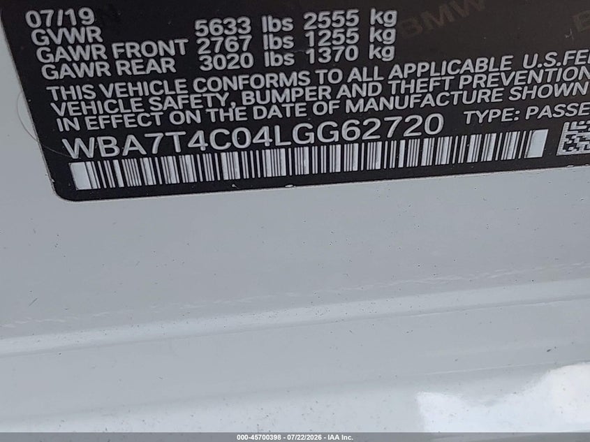 2020 BMW 7er VIN WBA7T4C04LGG62720 IAAI salvage auction — FRONT END, Clear (New York), sold $9,600 on 2026-07-28 (photo 9)