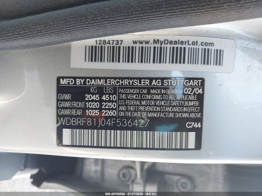 2004 Mercedes-benz C class VIN WDBRF81J04F536427 IAAI salvage auction — FRONT END, Salvage (Texas), sold $275 on 2026-08-18 (photo 9)