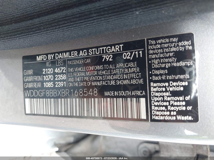 2011 Mercedes-benz C class VIN WDDGF8BBXBR168548 IAAI salvage auction — FRONT END, Salvage (Louisiana), sold $1,550 on 2026-08-12 (photo 9)