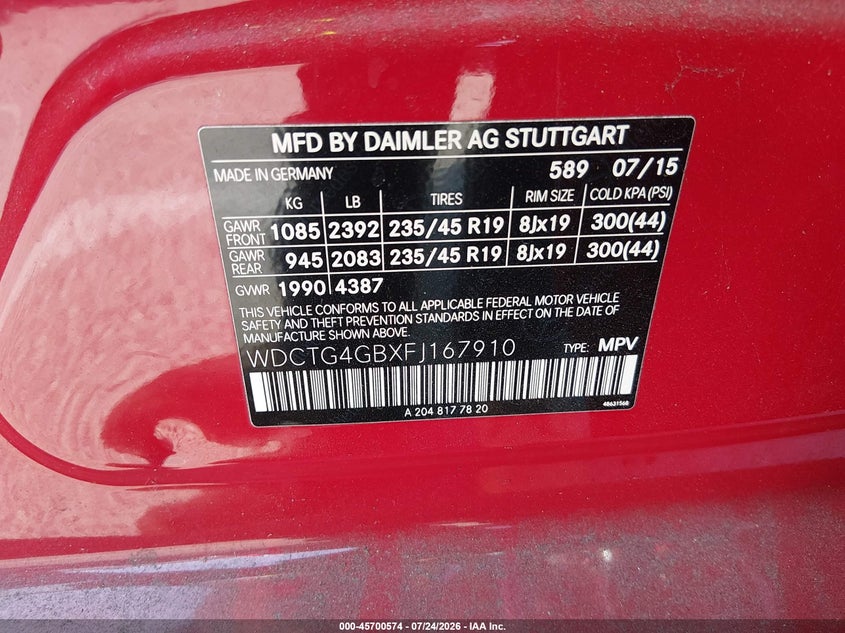 2015 Mercedes-benz Gla-klasse VIN WDCTG4GBXFJ167910 IAAI salvage auction — LEFT REAR, Salvage Title, sold $3,800 on 2026-08-13 (photo 9)
