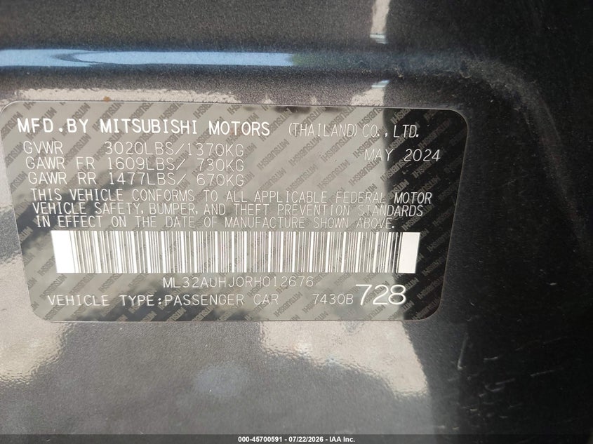 2024 Mitsubishi Mirage VIN ML32AUHJ0RH012676 IAAI salvage auction — WATER/FLOOD, Salvage Title, sold $525 on 2026-07-30 (photo 9)