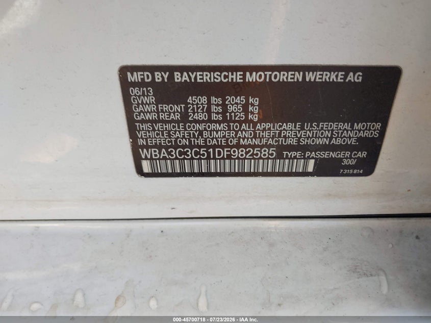 2013 BMW 3er VIN WBA3C3C51DF982585 IAAI salvage auction — FRONT END, Salvage Title, sold $1,050 on 2026-08-18 (photo 9)