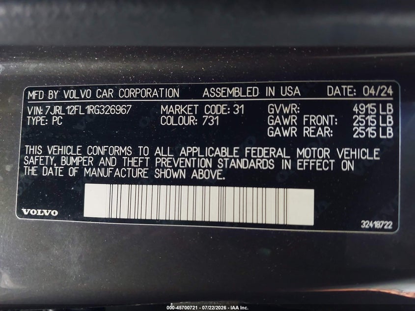 2024 Volvo S60 VIN 7JRL12FL1RG326967 IAAI salvage auction — FRONT END, Wait Title, sold $8,700 on 2026-09-24 (photo 9)
