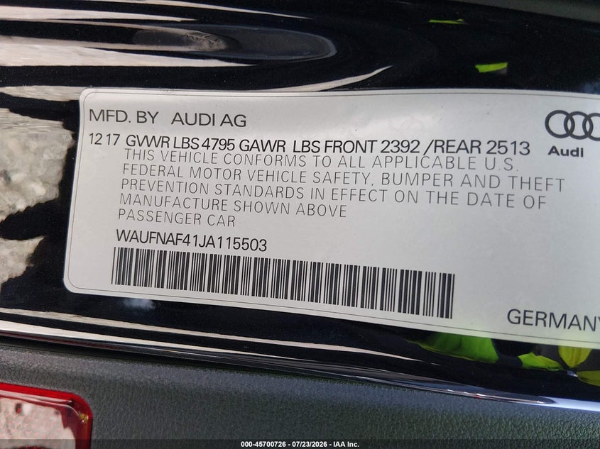 2018 Audi A4 VIN WAUFNAF41JA115503 IAAI salvage auction — REAR END, Salvage Title, sold $7,000 on 2026-08-16 (photo 9)
