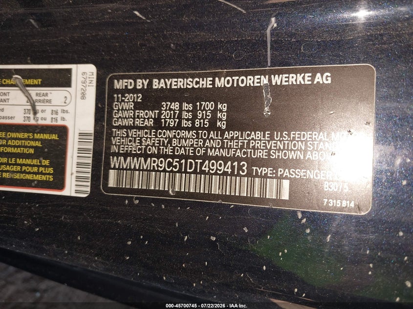 2013 Mini Convertible VIN WMWMR9C51DT499413 IAAI salvage auction — RIGHT SIDE, Wait Title, sold $675 on 2026-09-15 (photo 9)