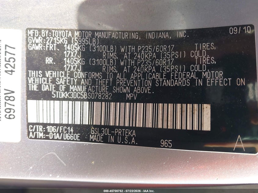 2011 Toyota Sienna VIN 5TDKK3DC5BS078282 IAAI salvage auction — NORMAL WEAR, Clear (Virginia), sold $25 on 2026-07-29 (photo 9)