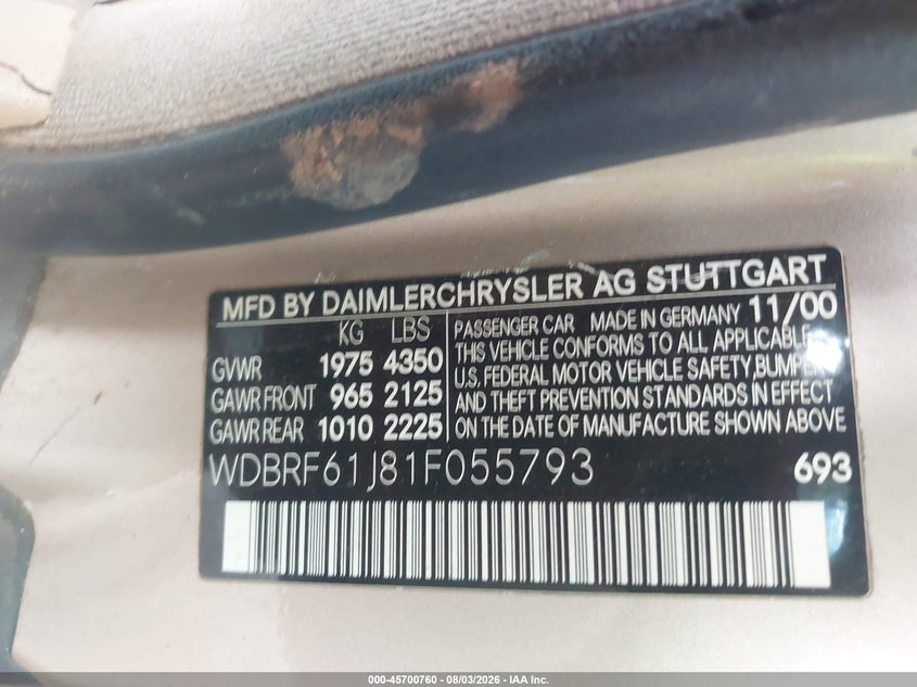 2001 Mercedes-benz C class VIN WDBRF61J81F055793 IAAI salvage auction — NORMAL WEAR, Clear-Dealer Only (Arizona), sold $175 on 2026-08-18 (photo 9)